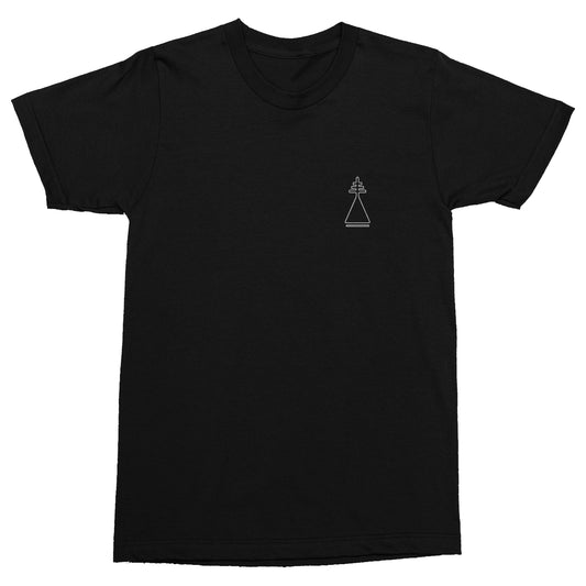 image of the front of a black shirt to show off print. print is on the left chest to show a triangle like design.