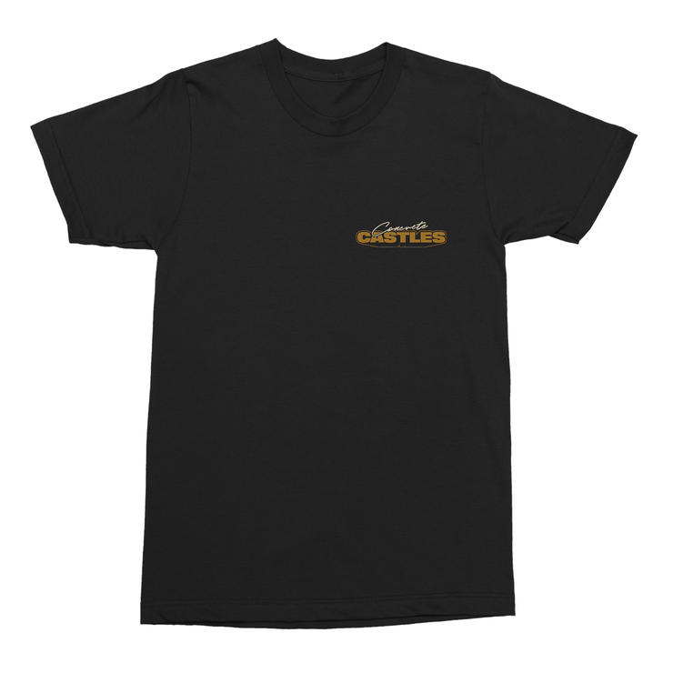 front of black tshirt against white background. the left chest says concrete castles. the word concrete is in white cursive, and the word castles is in regular bold dark gold text.