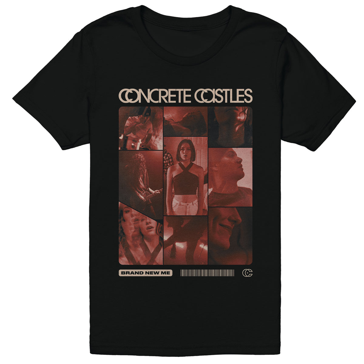 Concrete Castles Collage black t-shirt. front of tee has block images of the band in red scale set up in a collage.