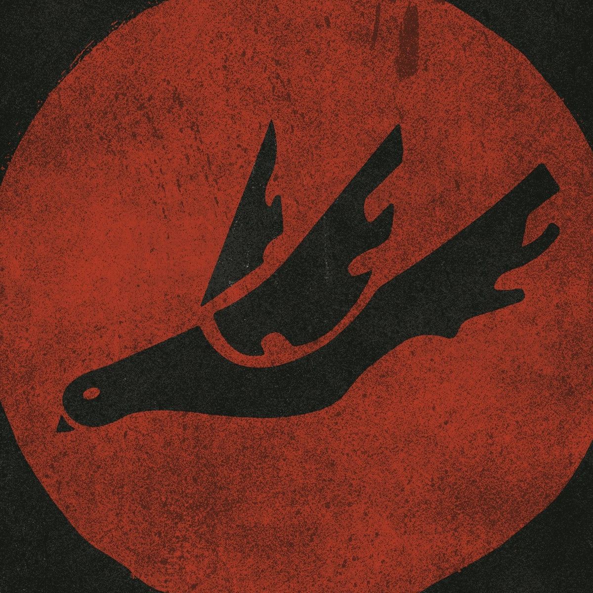 A stylized black bird with jagged wings appears to be flying, set against a rough, textured red circle on a black background.