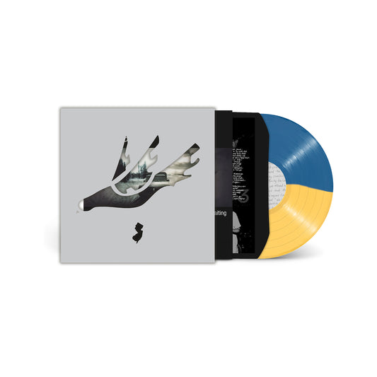 A Thursday Limited Edition Vinyl with a blue and yellow split design, partially pulled from a sleeve featuring abstract bird art with cityscape and sky, set against a plain light gray background. An exclusive from Velocity Records.