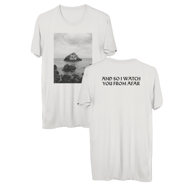 White Comfort Colors T-shirt by And So I Watch You From Afar features a black-and-white sea rock photo labeled DO MÓR on the front, "AND SO I WATCH YOU FROM AFAR" in bold on the back, and is made from soft ring-spun cotton for comfort.