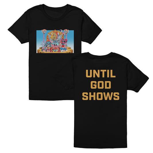 A black D.R.U.G.S. Headcase T-Shirt displays Hindu deities in a vivid front graphic and UNTIL GOD SHOWS in bold gold on the back—all printed on soft Comfort Colors fabric.