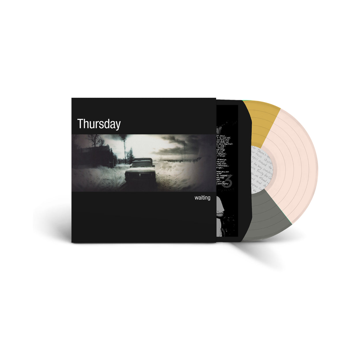 A limited edition Thursday "Waiting" tri-color vinyl with gold, white, and gray swirls is shown partly visible. The black cover features a blurred, snowy road scene with a car. Brand: Thursday.
