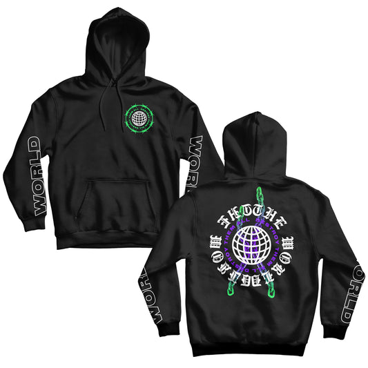 Front and back view of a Bella Canvas pullover hoodie featuring WORLD on the sleeves and a globe graphic encircled by barbed wire and the text DESTROY THEM ALL on the chest and back.