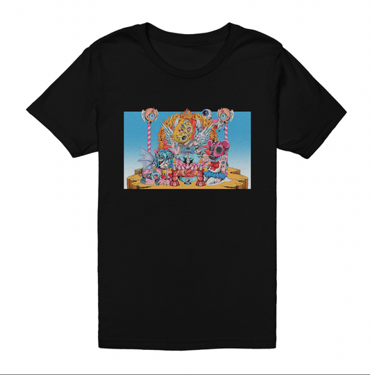 Black Comfort Colors t-shirt from D.R.U.G.S. showcasing a vibrant, surreal multi-eyed creature with an ornate headpiece and fantastical figures on a gradient blue background.