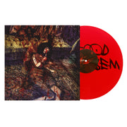 Image of the if i die first- they drew blood vinyl sleeve with a red vinyl against a white background. the vinyl sleeve features the a drawing of a woman lying on the floor with blood on herself.