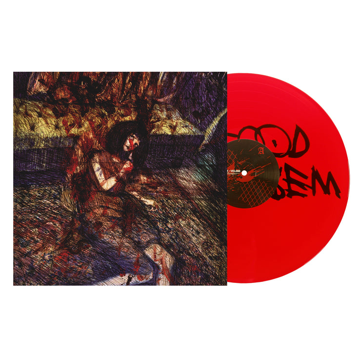 Image of the if i die first- they drew blood vinyl sleeve with a red vinyl against a white background. the vinyl sleeve features the a drawing of a woman lying on the floor with blood on herself.