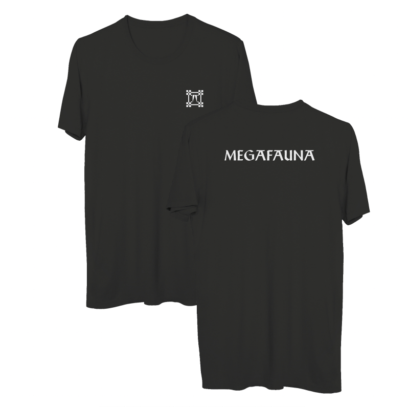 The And So I Watch You From Afar T-shirt, made from ringspun cotton, features a small white geometric chest logo and bold white "MEGAFAUNA" text across the shoulders. Shown front and back.