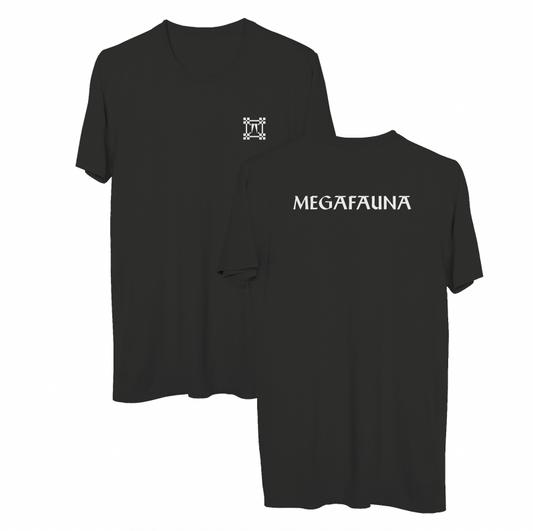 The And So I Watch You From Afar T-shirt, made from ringspun cotton, features a small white geometric chest logo and bold white "MEGAFAUNA" text across the shoulders. Shown front and back.