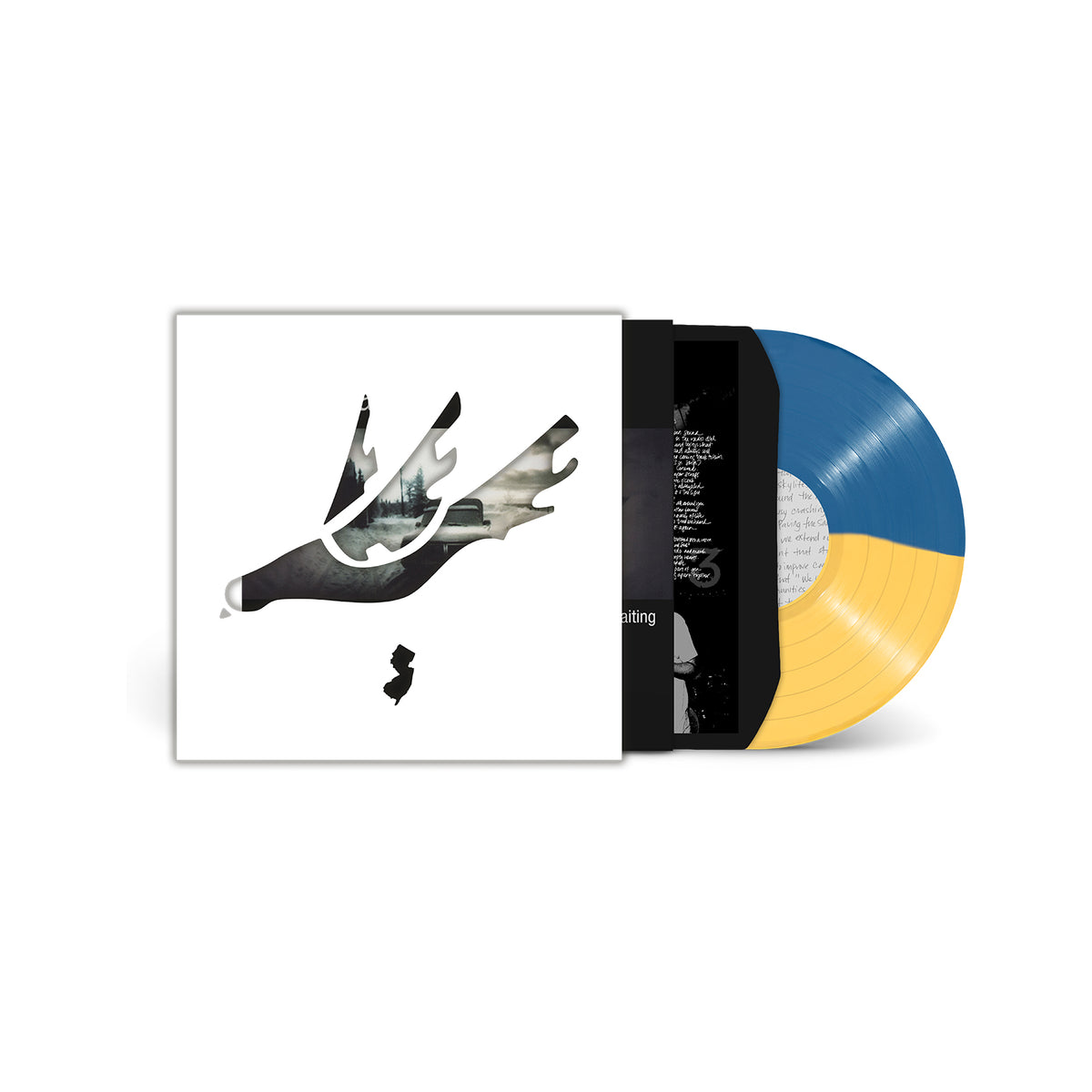 A Thursday Waiting vinyl set by Thursday featuring a blue/yellow split-color disc, stylized bird cover art with a map outline, and an insert—an exclusive Full Collapse Live repress from Velocity Records.