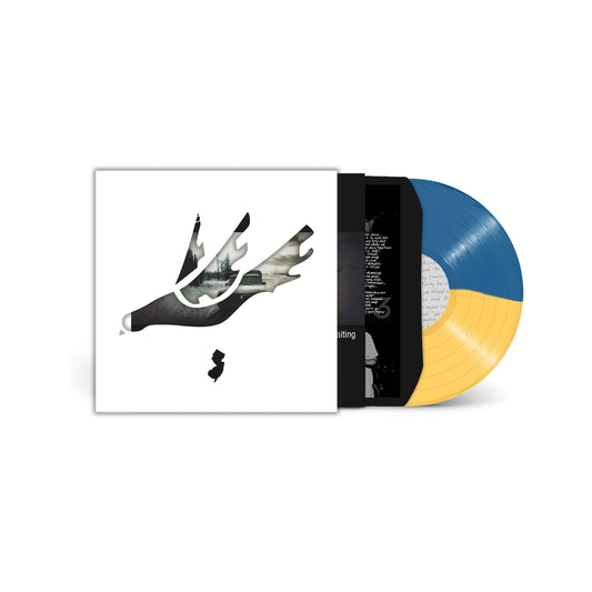 A Thursday Waiting vinyl set by Thursday featuring a blue/yellow split-color disc, stylized bird cover art with a map outline, and an insert—an exclusive Full Collapse Live repress from Velocity Records.