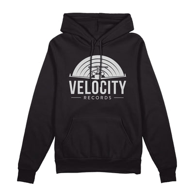 Black hooded sweatshirt against white background. across the chest in big white letters reads "velocity". below that in smaller white letters reads "records". above this in white is a graphic of an airplane with what looks like half of a vinyl record sticking out above the airplane. 
