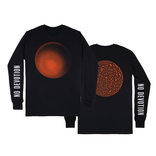 Two black No Devotion long-sleeve Bella Canvas shirts feature "NO DEVOTION" in white on both sleeves, a red-orange gradient sphere on the front, and a textured red and orange sphere design on the back.