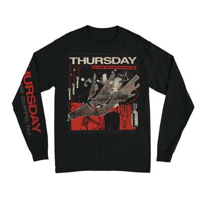 Black long sleeve shirt with THURSDAY written across the chest in white font. Below that there is a red text box that says ON AND ON AND ON AND ON. There is artwork of a bird flying downward. On one of the sleeves there is red text that says THURSDAY.