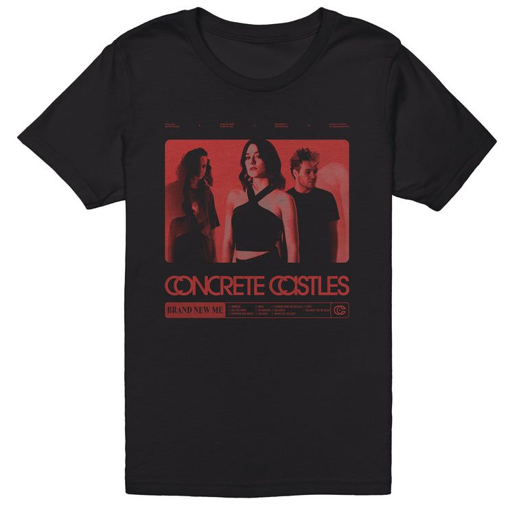 Concrete Castles Brand New Me Black T-Shirt. the art on this shirt matches the album art. it is one photo of the band tinted red.