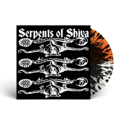 Image of a black vinyl sleeve with a half clear half orange with black splatter vinyl sticking halfway out of it. Across the top of the sleeve in white text reads "serpents of shiva". Below that are 3 of the same graphics stretching across the length of the sleeve- a sun on the left side, a moon on the right, with two serpents with their necks tangled, looking in opposite directions.