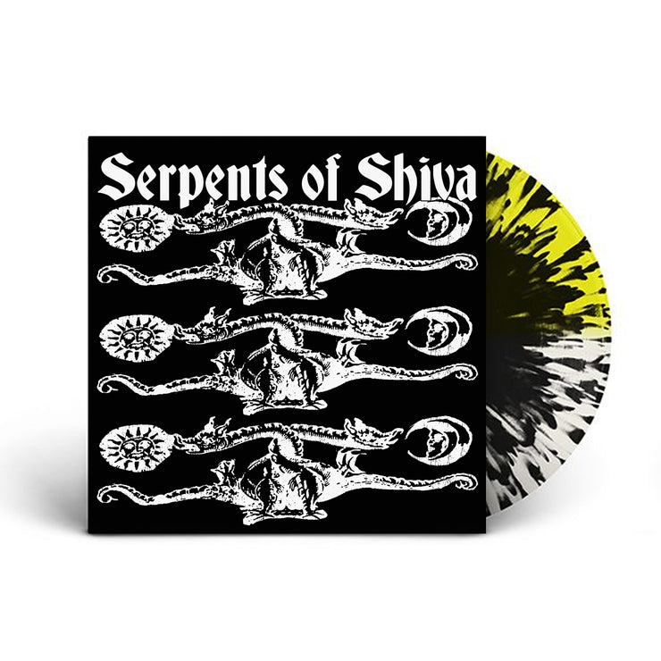 Image of a black vinyl sleeve with a half yellow half clear with black splatter vinyl sticking halfway out of it. Across the top of the sleeve in white text reads "serpents of shiva". Below that are 3 of the same graphics stretching across the length of the sleeve- a sun on the left side, a moon on the right, with two serpents with their necks tangled, looking in opposite directions.