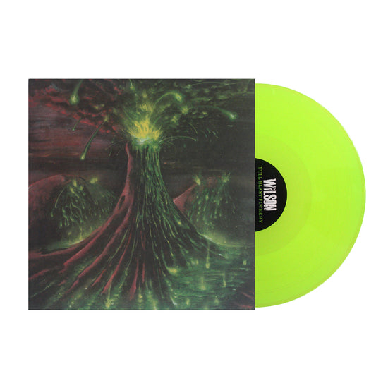 vinyl sleeve with a lime green vinyl sticking halfway out of the sleeve against white background. the vinyl sleeve is the album artwork for wilson- full blast fuckery. it features a green and dark red image of a volcano erupting with green light and lava. There are red and black clouds in the sky.