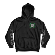 Front of a black hooded sweatshirt. The left chest has a white globe with green text around it that says "destroy them all, destroy them all". Around that is green barbed wire. Both sleeves say "world" in white outlined text with no fill.