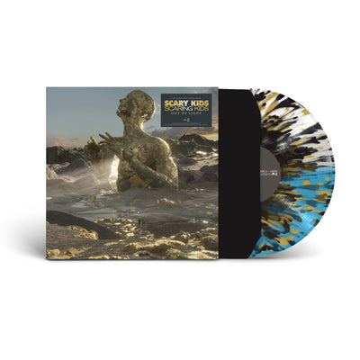 vinyl sleeve with black with a half blue, half black with black and gold splatter vinyl sticking halfway out of the sleeve. The vinyl sleeve has an image of a gold person standing in what looks like a sea of the ocean and clouds, with an opening in their chest with light coming out of it. The hype sticker says scary kids scaring kids, out of light.