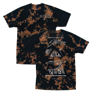 Image of the front and back of a black tshirt with a bleached tye die effect all over. The back says SKSK in white outlined text a bunch of times, but is distorted and stretched for abstract effects. below this in white text reads "scary kids scaring kids". Below that reads "out of light".
