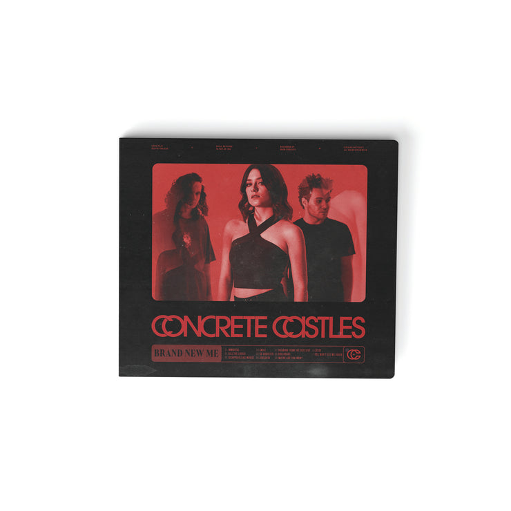 Concrete Castles Brand New Me CD. album art has a red tinted band photo