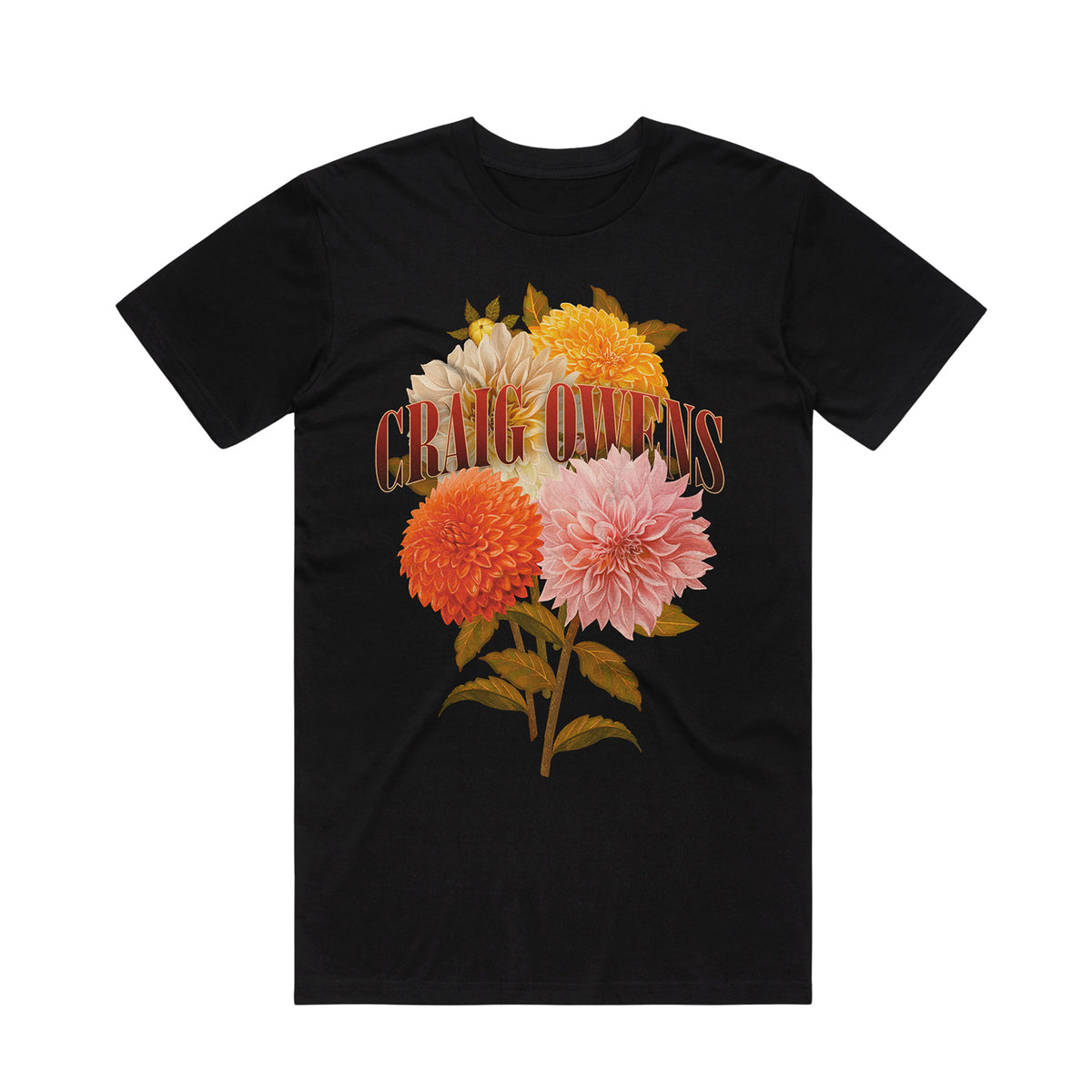 A black Craig Owens Flowers T-Shirt featuring a vintage-style illustration of four vibrant dahlias and green leaves, with CRAG QUEENS in bold lettering over the flowers.