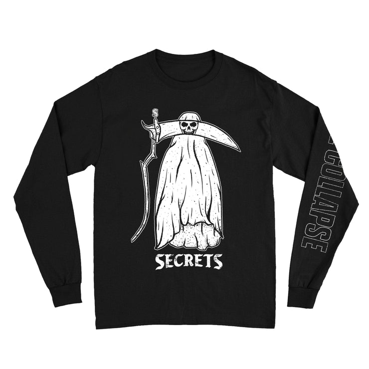 Black longsleeve against a white background. The left sleeve in outlined white text says "collapse". The front of the shirt features a white graphic of a grim reaper with a scythe that is floating.