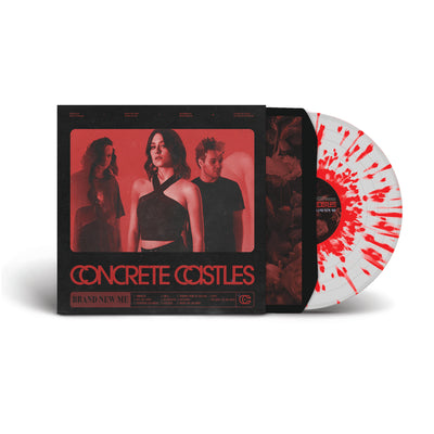 Concrete Castles Brand New Me vinyl LP. album art has a red tinted photo of the band. vinyl is exposed to show color. color of the vinyl is Clear with red splatter. 
