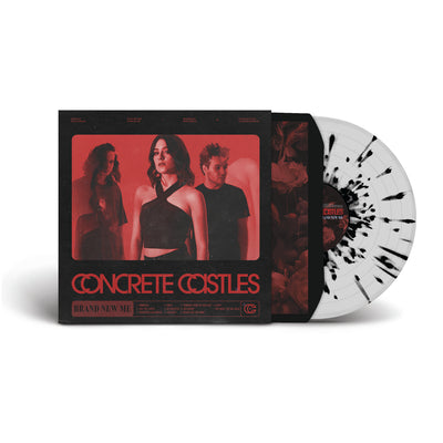 Concrete Castles Brand New Me vinyl LP. album art has a red tinted photo of the band. vinyl is exposed to show color. color of the vinyl is Clear with black splatter.