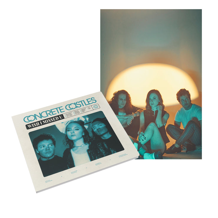 Image of the concrete castles wish i missed u cd and poster against white background. the poster features the band sitting on the ground with a sun behind them. the band is illuminated in blue. the album cover says "concrete castles" across the top in blue. below that in a black rectangle with white text reads "wish i missed u". below that is a horizontal rectangle with a blue image of the 3 band members photographed from the chest up.