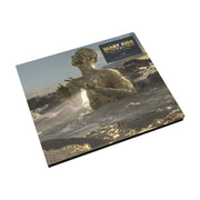 CD case against a white background. The cd has an image of a gold person standing in what looks like a sea of the ocean and clouds, with an opening in their chest with light coming out of it. The hype sticker says scary kids scaring kids, out of light.