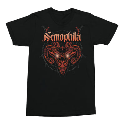 Black short sleeve shirt with orange text across the chest that says Nemophila. Below that is a red drawing of a goat with large horns and glowing eyes.