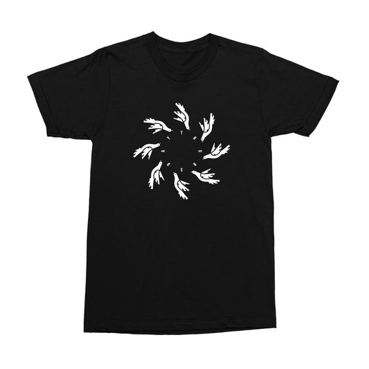 Black tshirt with white print. The print in the center features several white birds flying, arranged to make a circle. Inside the circle that the birds create is the word "thursday" also arranged to make a circle.