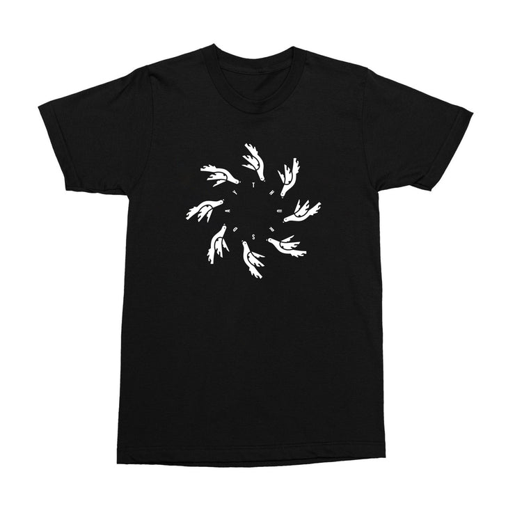 Black tshirt with white print. The print in the center features several white birds flying, arranged to make a circle. Inside the circle that the birds create is the word "thursday" also arranged to make a circle.