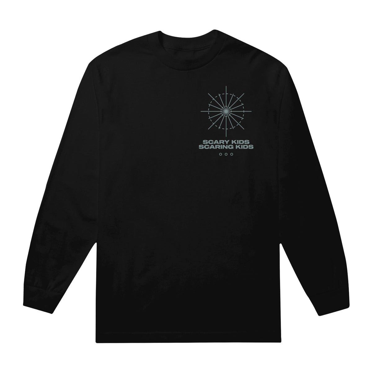  Image of the front of a black longsleeve against a white background. The left chest features an abstract circle with lines through it. Below this is the text scary kids scaring kids, followed by three small circles with no fill. This is all in a light blue/grey. 