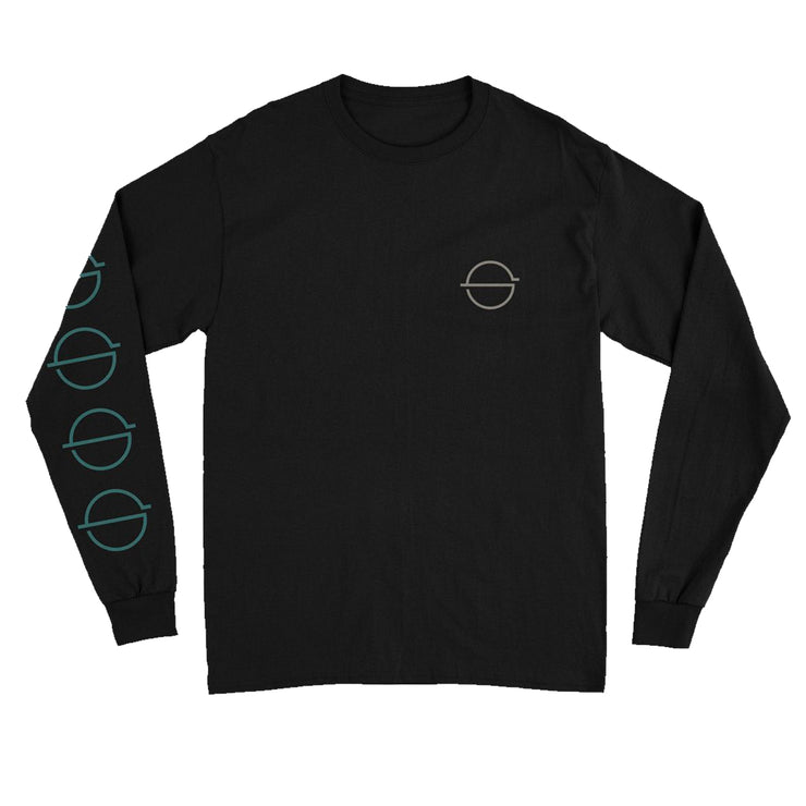 Front of black longsleeve against white background. The left chest features the glasslands symbol of a circle with a line through the center horizontally in a greyish white. The right sleeve features this same symbol multiple times descending down the sleeve in blue.