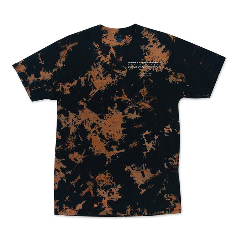Image of a black tshirt with a bleached tye die effect on it. The left chest in white text says scary kids scaring kids, and SKSK below it. 