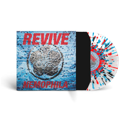 Blue vinyl jacket with red text across the top that says REVIVE. There is also red text on the bottom that says NEMOPHILA. The album art is a grey textured design. Peeking out of the jacket is a white blue and red splattered vinyl.
