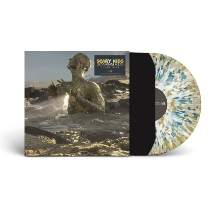 vinyl sleeve with black with a clear with blue, gold, and white splatter vinyl sticking halfway out of the sleeve. The vinyl sleeve has an image of a gold person standing in what looks like a sea of the ocean and clouds, with an opening in their chest with light coming out of it. The hype sticker says scary kids scaring kids, out of light.