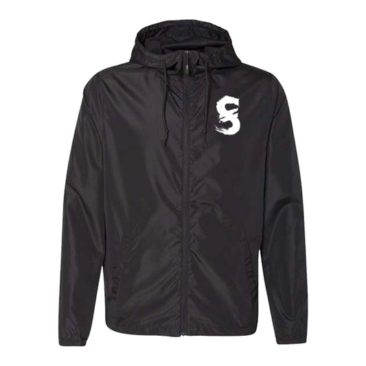 Image of the front of a black windbreaker against a white background. The left chest has a letter S in white that looks like a paintbrush painted it. 