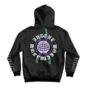 Back of a black hooded sweatshirt. Both sleeves say "world" in white outlined text with no fill. The back has a white globe in the center. Surrounding the globe in purple text reads "destroy them all, destroy them all". Surrounding that in white text reads "the world, the world". there is a green graphic of chain links behind this.