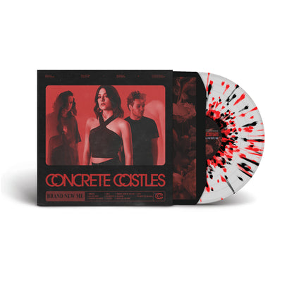 Concrete Castles Brand New Me vinyl LP. album art has a red tinted photo of the band. vinyl is exposed to show color. color of the vinyl is Clear with red and black splatter.