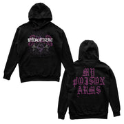 front and back of a black hoodie. across the front are roses with lines all around them. Across the roses in white text reads if i die first. the back of the hoodie in red text reads "my poison arms".