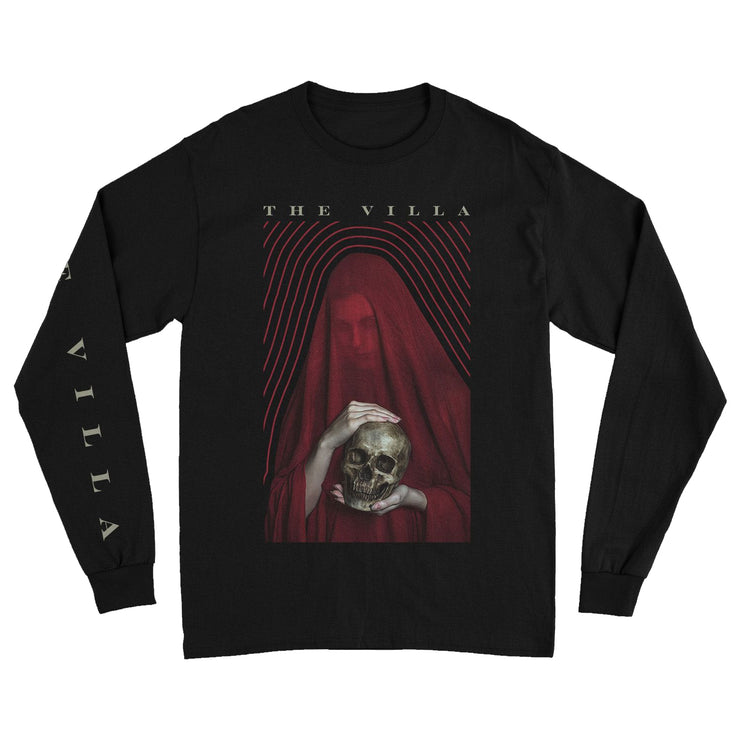 Black long sleeve laid flat to show prints. Print on front chest is a woman in a red cloak holding a skull. Right sleeve print says "The Villa" in white text.