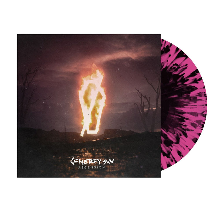 Vinyl sleeve and a violet with black splatter vinyl sticking out of the sleeve. the cover of the vinyl is an Image of a burned field with a dark sky. There is a coffin shape in the center that is on fire. Below this in white text reads "cemetery sun, ascension". 