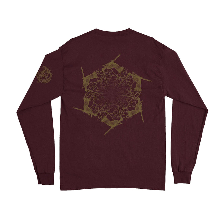 Image of a maroon long sleeve against a white background. The left sleeve has a swirly letter D going down the sleeve multiple times. The back has a hexagonal abstract shape in dark gold.