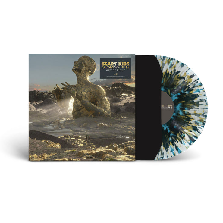 vinyl sleeve with black with a clear with blue, gold, and black splatter vinyl sticking halfway out of the sleeve. The vinyl sleeve has an image of a gold person standing in what looks like a sea of the ocean and clouds, with an opening in their chest with light coming out of it. The hype sticker says scary kids scaring kids, out of light.