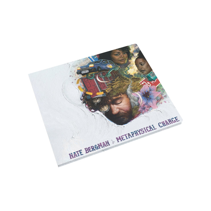 Image of a cd case against a white background. The album art is white and features a colored graphic of a person's head with flowers, a car, doors, people, and road signs around it. Below this in colorful text reads "nate bergman, metaphysical change".